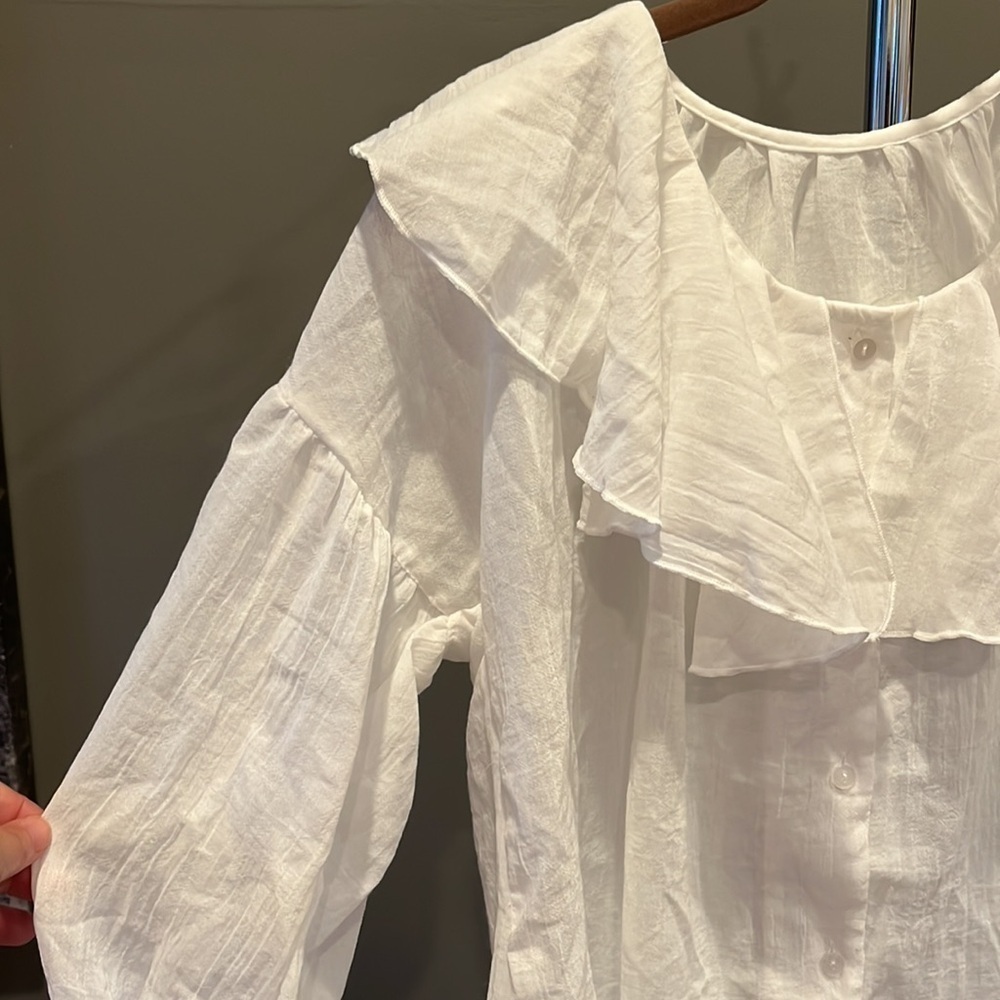 🍁🐠 Japanese Casual Elf boho peasant top ruffle floaty White medium - Picture 5 of 10